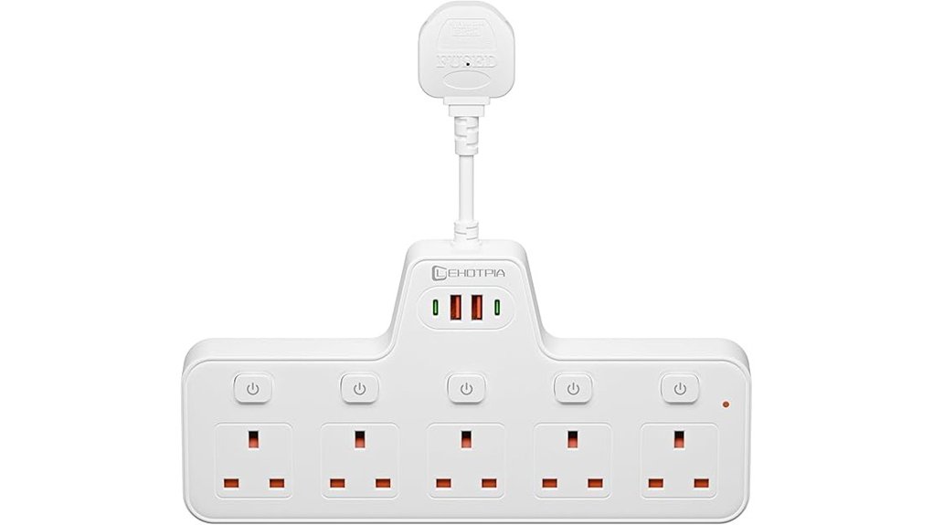 five wocket power strip with usb and switches