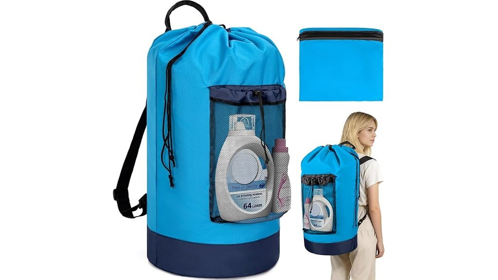 foldable backpack laundry hamper with mesh pocket