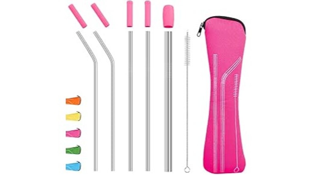 reusable metal straws set with silicone tips pink